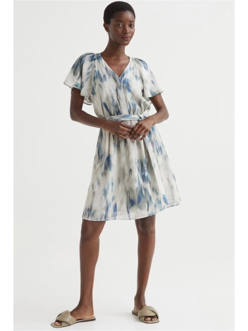 H&M Blue and White Watercolor V-Neck Belted Dress